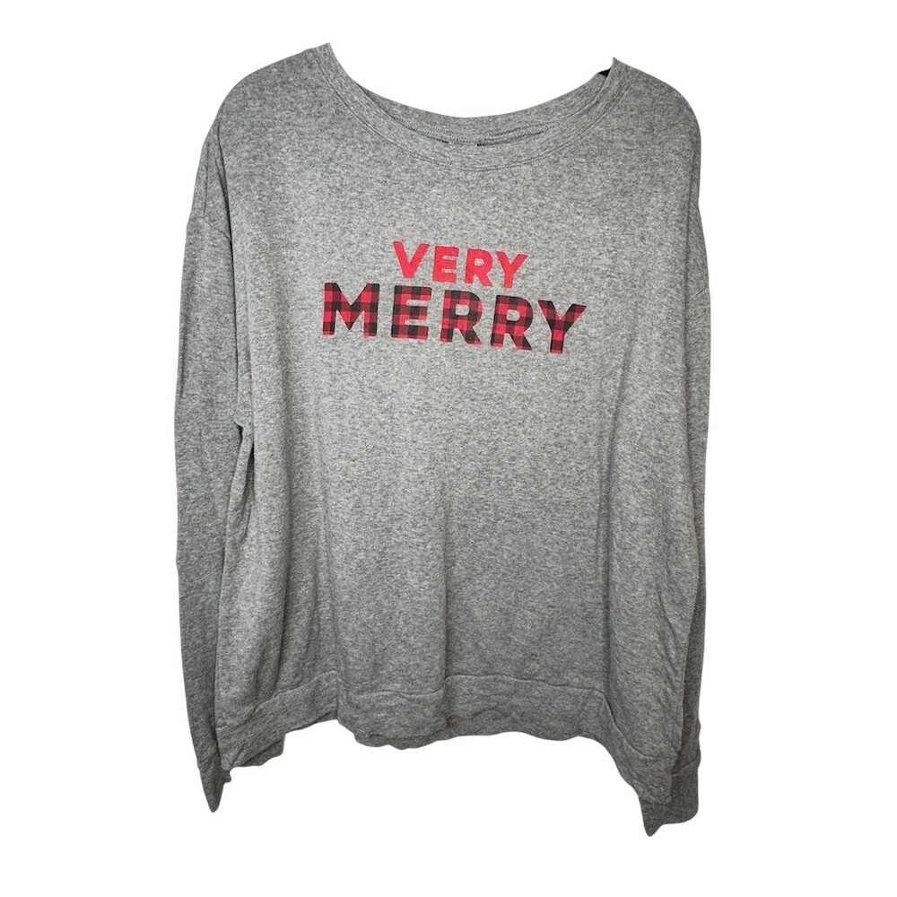 North Pole Trading Co Womens XL Gray Very Merry Plaid Graphic